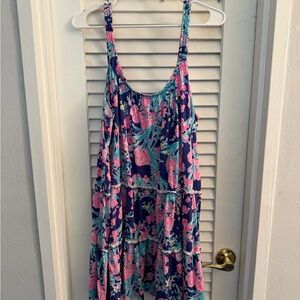 Lilly Pulitzer Navy Floral Tiered Midi Dress with Pink & Teal Accents